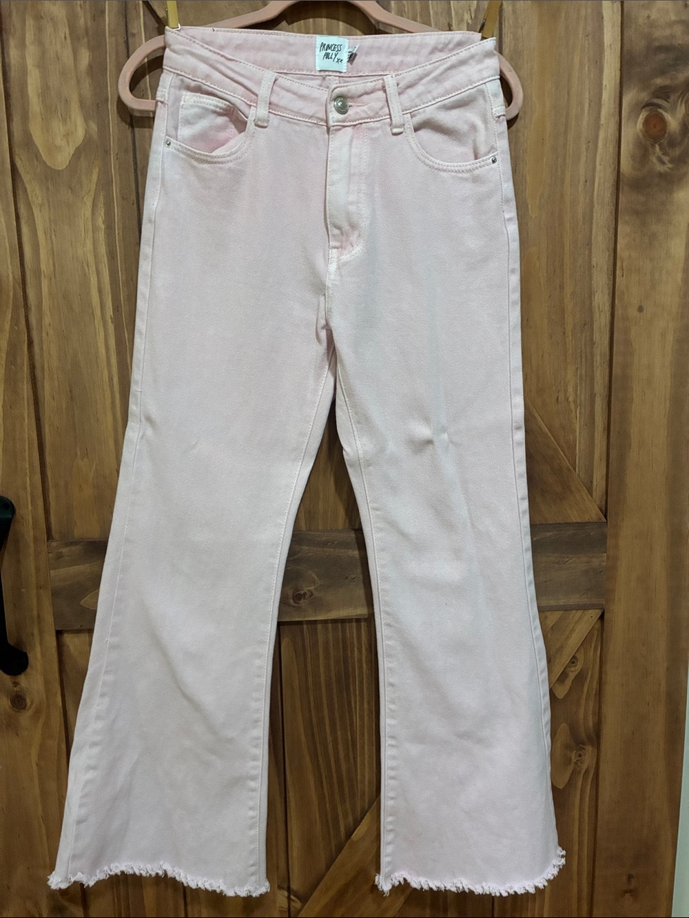 Princess Polly Pastel Pink Flare Jeans with Frayed Hem